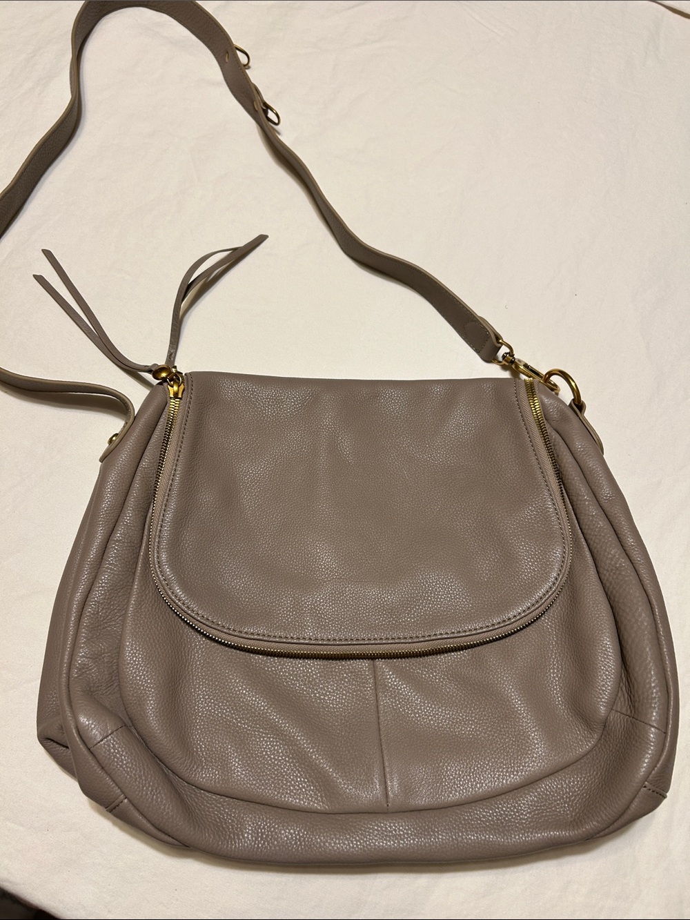 HOBO Taupe Pebbled Leather Satchel with Gold Accents
